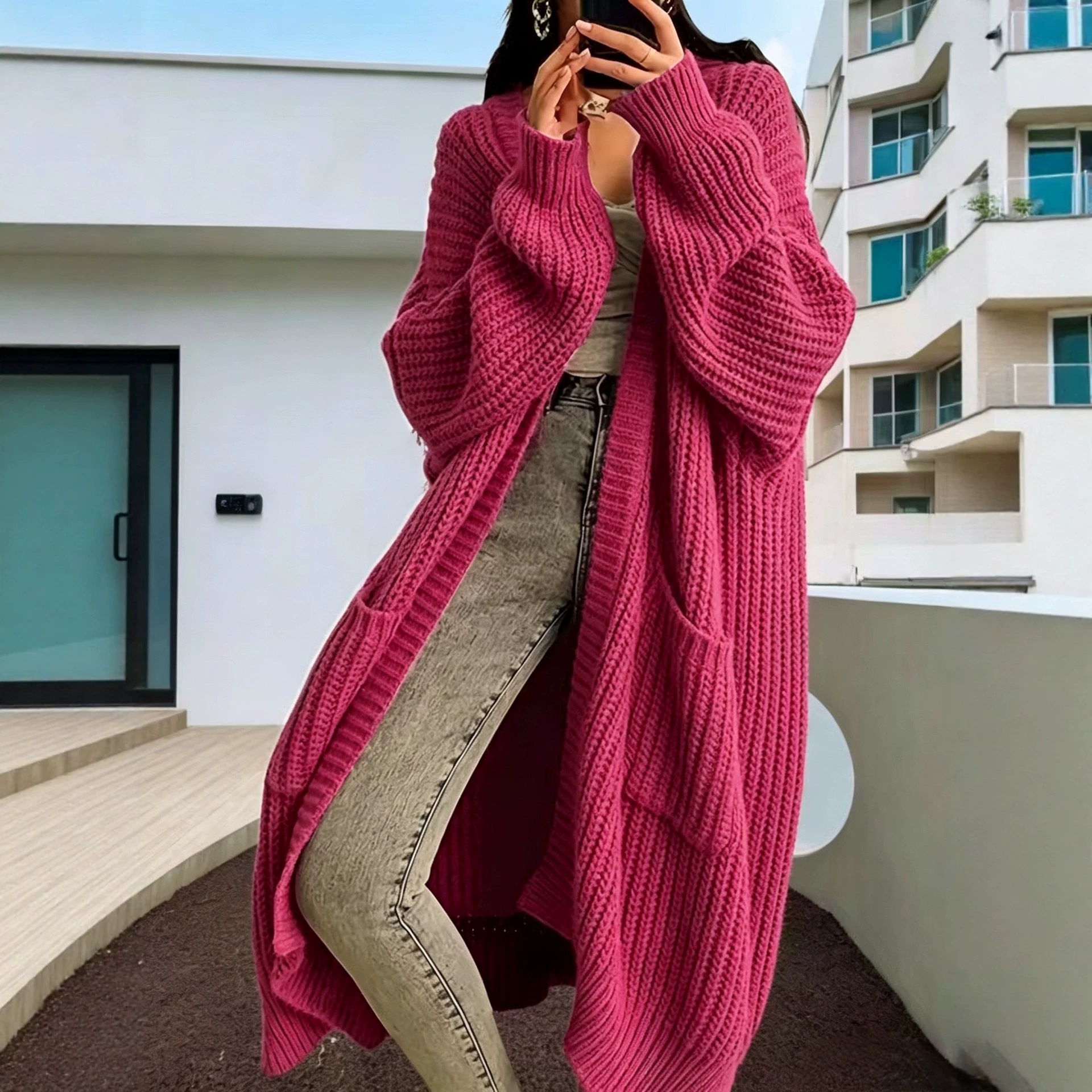 Suéter de rodilla grueso de otoño y invierno abrigo femenino suelto versátil fondo de manga larga jersey cardigan perezoso tendencia media y larga