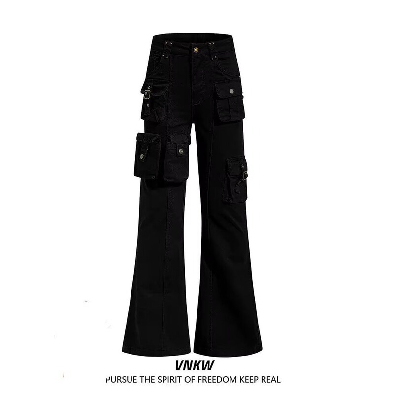 Black High-Waisted Flared Denim Work Pants for Petite Individuals, with Multiple Pockets and Unique Patterns Black High-Waisted Flared Denim Work Pants for Petite Individuals, with Multiple Pockets and Unique Patterns