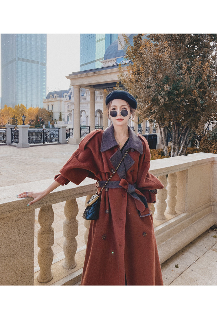 Women's Long Woolen Coat Brick Red Hepburn Style Winter Overcoat_voghion.com