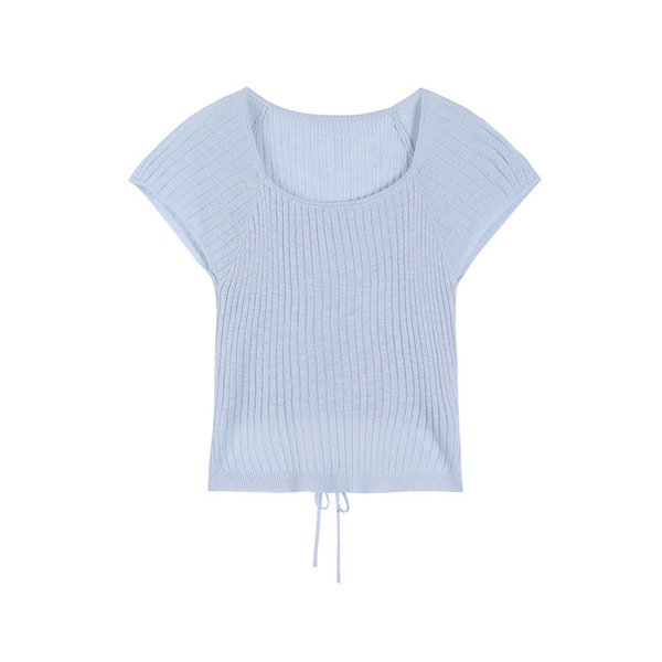 South Korea Dongdaemun Pingtai Tencel Short-sleeved Knitted Sweater Women's Summer All-match Rear Lace-up Design Pit Square Collar Top
