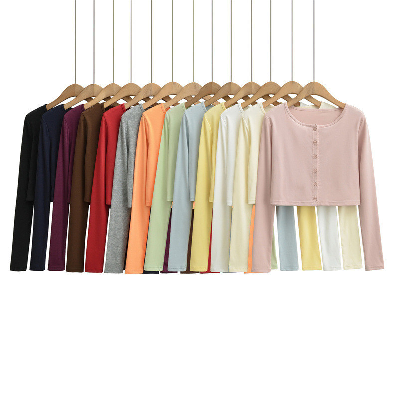 Korean-style petite women's single-breasted cardigan top for spring and summer, slim-fit short style, trendy long-sleeve t-shirt jacket