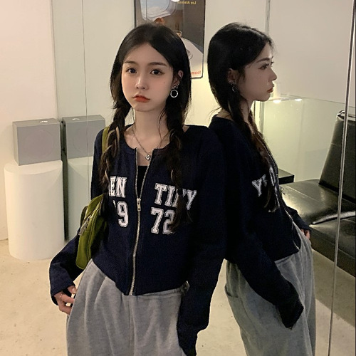 Letter printed short zipper cardigan coat for women's new loose slimming long-sleeved T-shirt niche hot girl top
