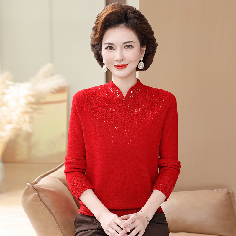 100%纯羊毛妈妈装秋冬毛衣旗袍领打底衫洋气中老年女气质上衣高贵|undefined
