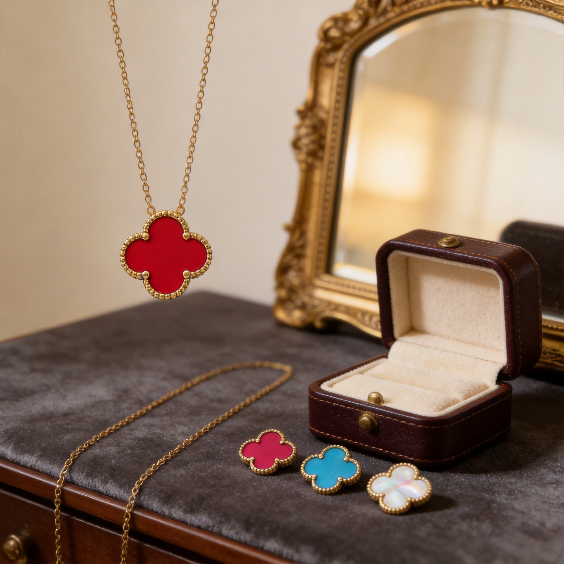 크로스보더 히트상품 18k 행운의 클로버 티타늄 스틸 변색없는 네잎클로버 목걸이 양면 클래식 고급 레이어드 목걸이