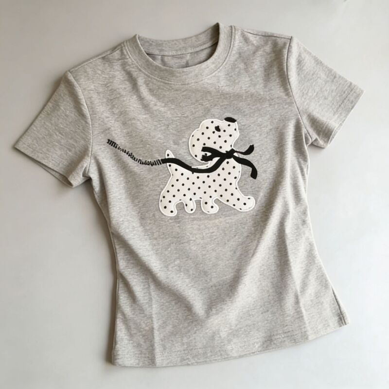 American Retro Polka Dot Embroidered Dog Print Short-Sleeve T-Shirt for Women, Summer High-End Slim-Fit Cropped Top