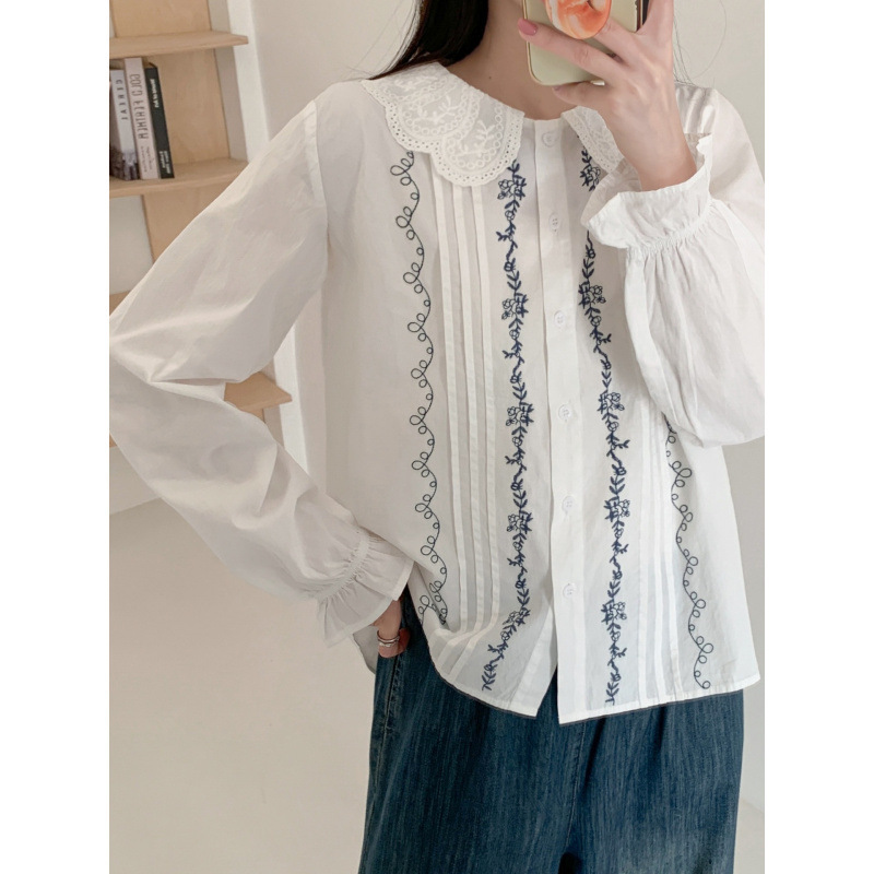 9710 French Pastoral Style Doll Collar Embroidered White Shirt for Women, Long-Sleeved, Age-Reducing White Top, Doll Shirt 9710 French Pastoral Style Doll Collar Embroidered White Shirt for Women, Long-Sleeved, Age-Reducing White Top, Doll Shirt