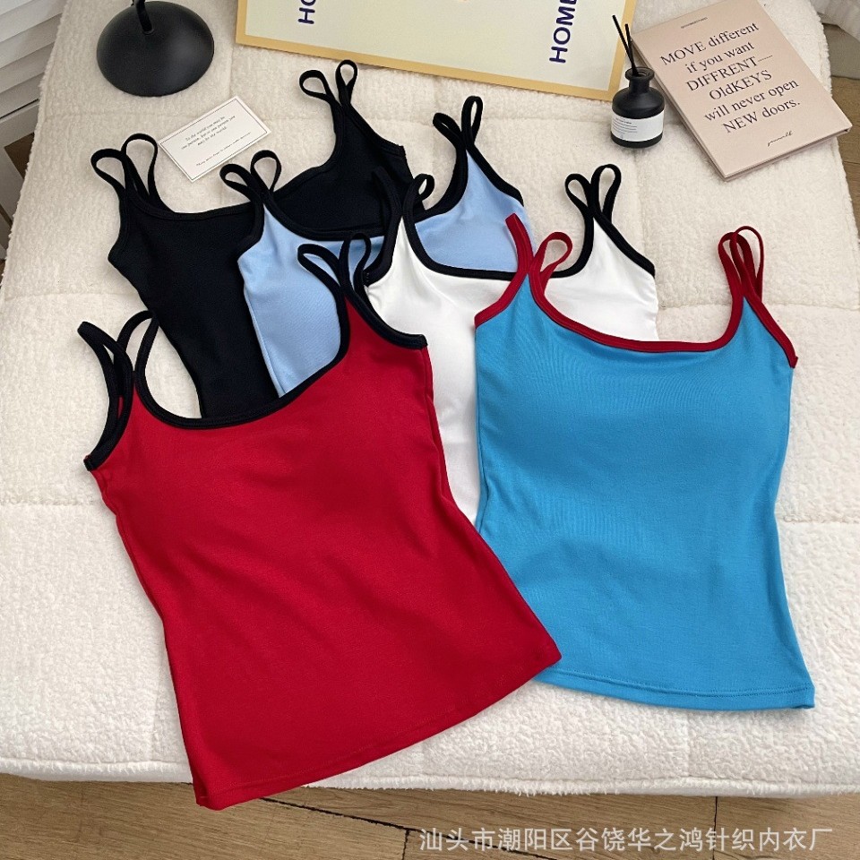 New Versatile Pure Desire Spicy Girl Color-Blocking Camisole with Built-In Bra Pads for Outerwear Base Layer Top