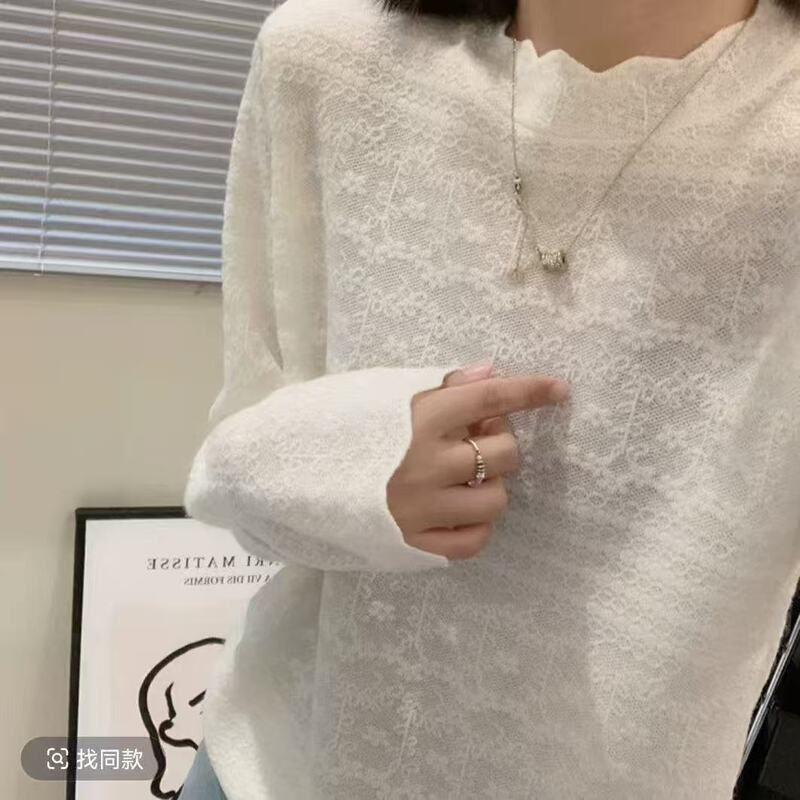 2025春季韩系蕾丝提花边针织衫女时尚洋气百搭打底衫长袖薄款上衣|undefined