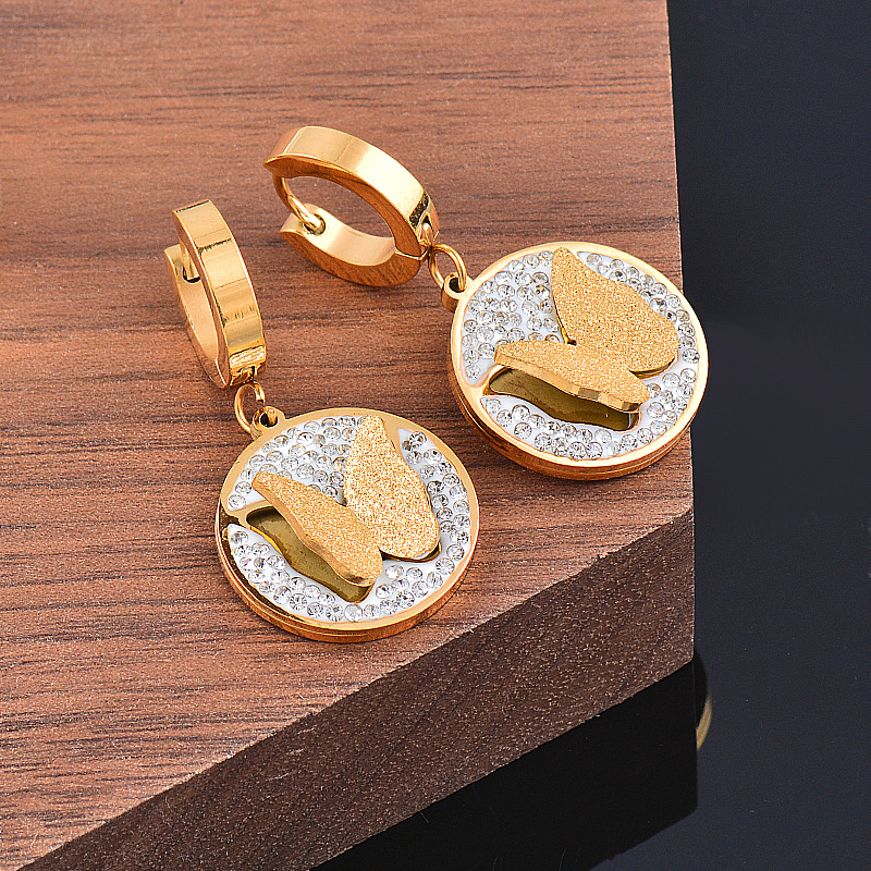 Fashion Butterfly Titanium Steel Inlay Rhinestones Drop Earrings 1 Pair