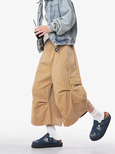 American Retro Workwear Seven-Fourth Length Men's Pants 2025 New Design Loose Shorts Straight Leg Wide Leg Paratrooper Denim Pants