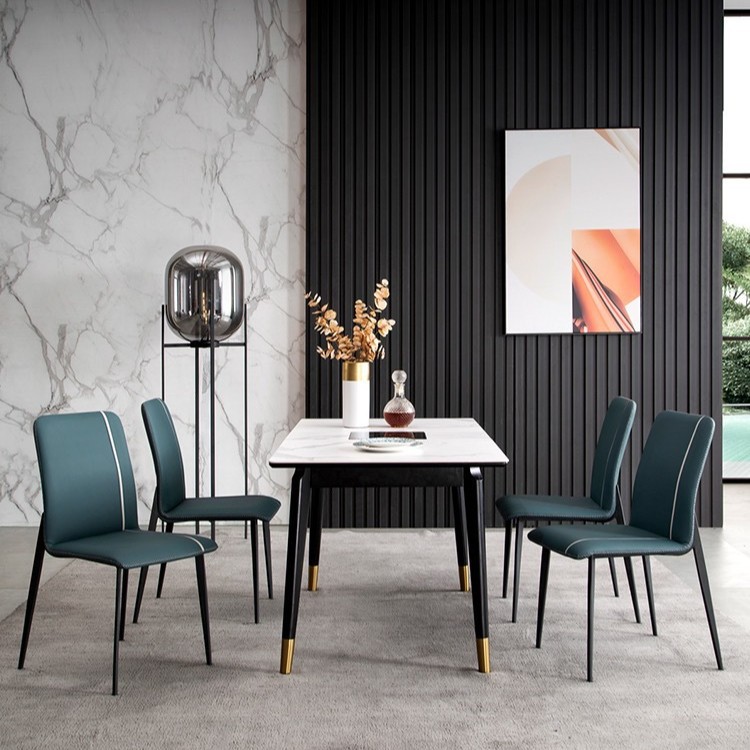 Mesa y silla de comedor de tabla de roca ligera de estilo italiano de lujo, combinación de mesa y silla de comedor de apartamento rectangular moderno y simple.