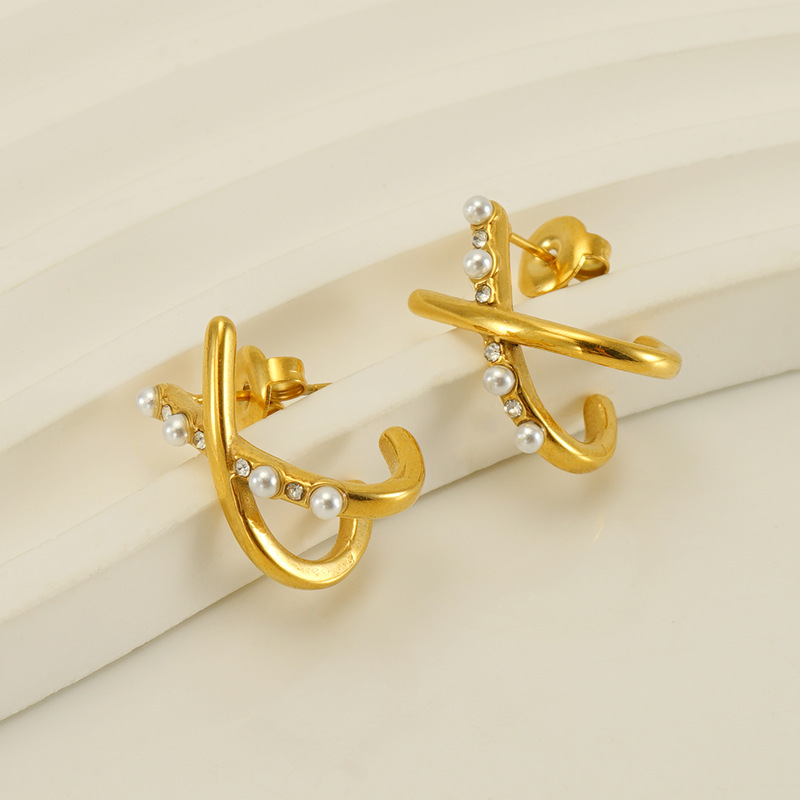 Cruzar la frontera europea y americana de acero de titanio X Cruz perla pendientes de alto grado pendientes de moda elegantes pendientes de acero inoxidable pendientes de las mujeres