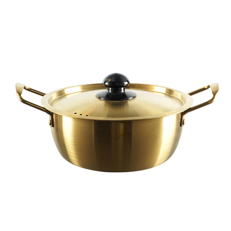 Hotpot de espuma de fideos de acero inoxidable coreano con tapa dorada de doble oreja, panela de fideos gruesa, panela de fideos de restaurante en línea