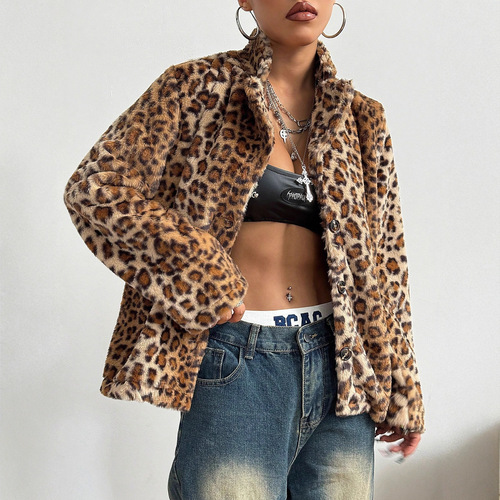-53658#Women's clothing European and American INS new style buckle lapel thick leopard coat
