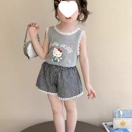 女童套装夏季棉2026洋气儿童背心宝宝格子短裤两件套夏装有吊牌