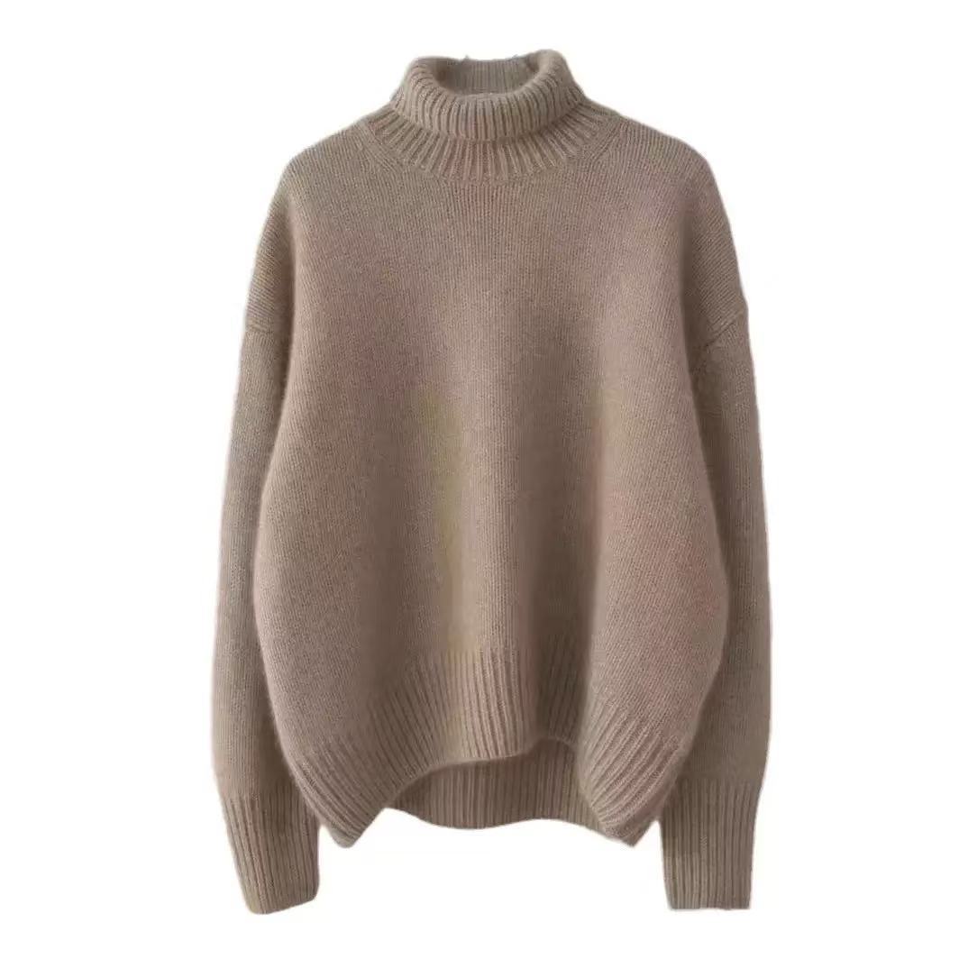 Maglione oversize a collo alto – Pullover minimalista a coste (morbido misto poliestere, vestibilità comoda, tinta unita cammello/beige/marrone/grigio, capo essenziale per il lavoro e il weekend)_voghion.com