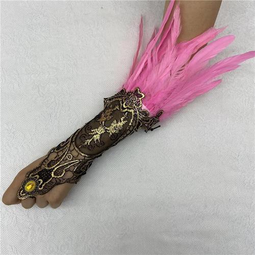 European and American Cross-Border Halloween Feather Bracelet Gothic Style Feather Gloves with Hollow Gold Lace Edge Ribbons Arm Cover