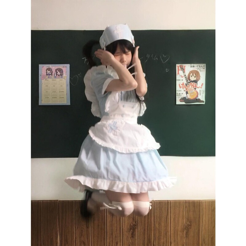 Angel Aqua Blue Medical Style Maid Dress Fake Two-Piece Lolita Cute Dress with Tulle