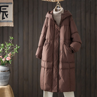 Hooded Over-knee Down Jacket Women's Mid-length Winter New Korean Style Loose All-match Thickened White Duck Down Warm Jacket