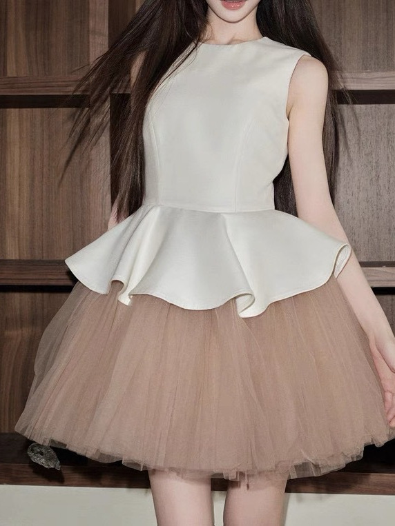 avenement/バレエ風ノースリーブラウンドネックパッチワークメッシュチュチュスカートドレスレディース夏