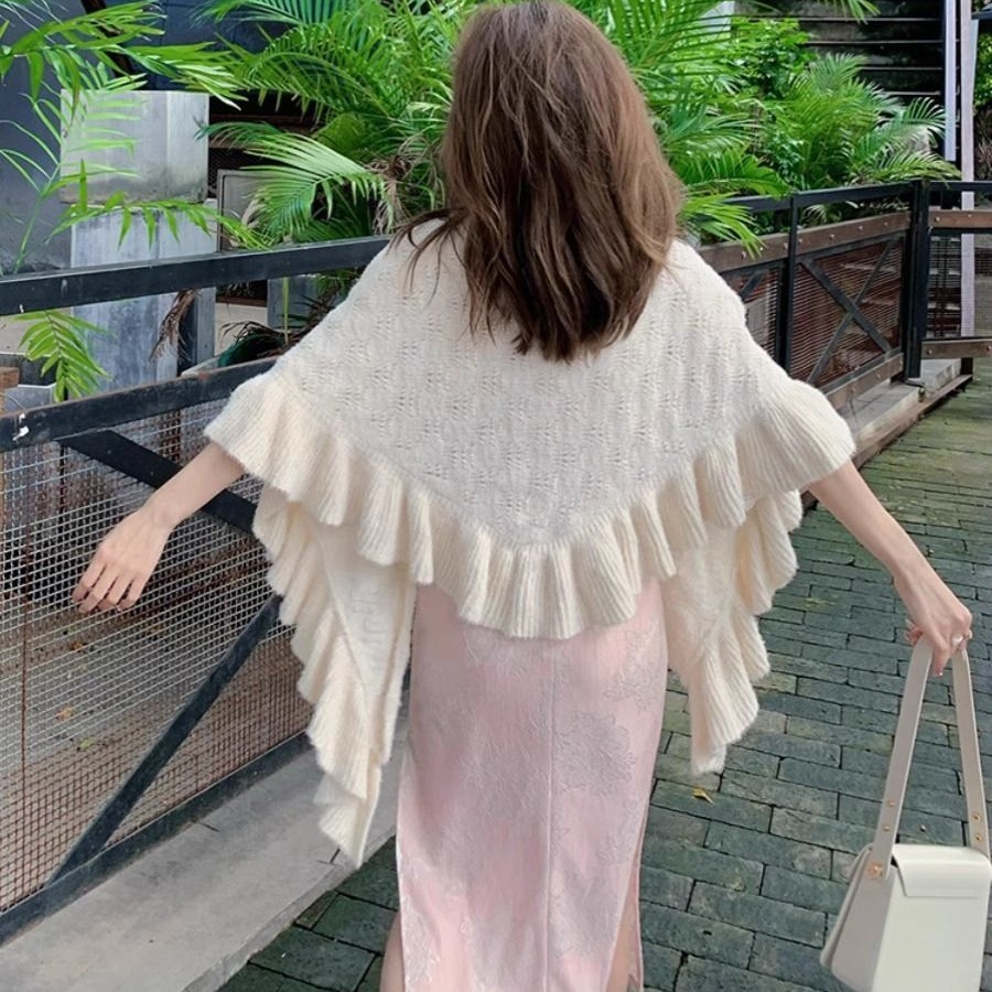 三角中式旗袍时尚披肩斗篷文艺贵妇针织森系春秋荷叶边文艺风披肩