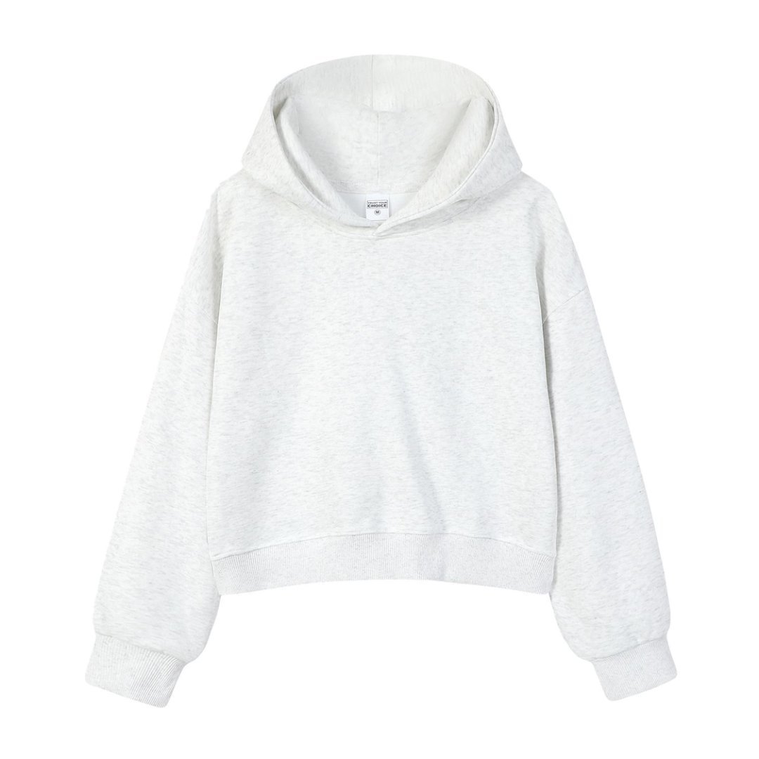 Marca de moda de color sólido con capuchón de plata, camiseta corta de hombro para mujeres otoño y invierno pesado 450g con camiseta con capuchón cálida y casual