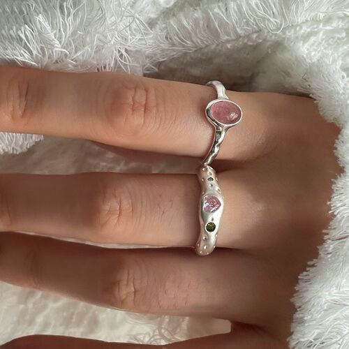 Peach oolong tea 925 sterling silver ins ring women's strawberry crystal fresh and simple index finger ring gentle colorful diamond ring trendy