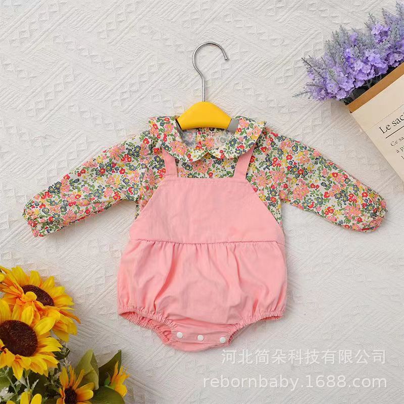 핑크 플로럴 가짜 투피스 스트랩 점프수트