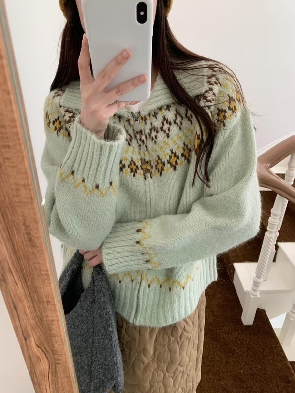 秋冬复古费尔岛翻领拉链毛衣外套女宽松外穿慵懒洋气针织开衫上衣|undefined