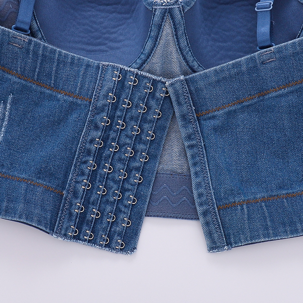 Design bandeau din denim tip fishbone, cu franjuri, bretele cu diamant strălucitor, îmbrăcăminte exterioară, top bungee căptușit pentru femei_voghion.com