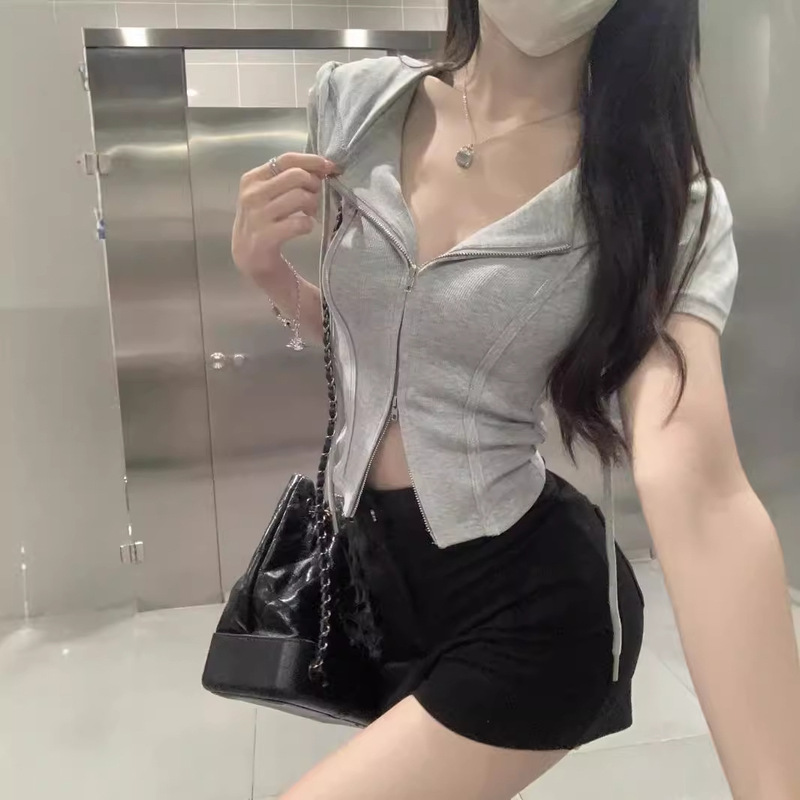 Pure Sweet Cool Hot Girl Hooded Short Coat Women's V-Neck Double Zipper Tight Waist Short-Sleeved Cardigan Cropped Top