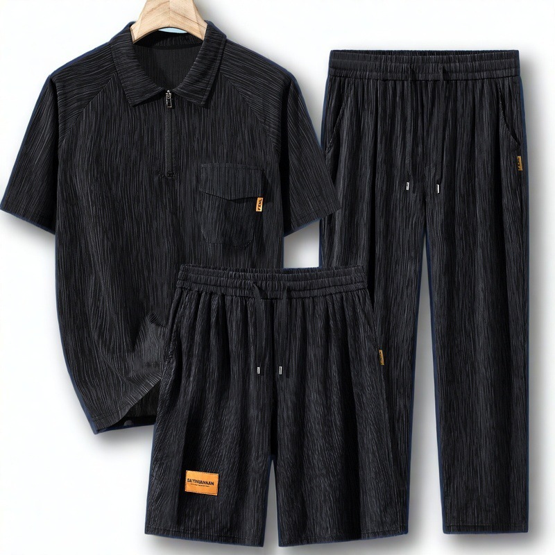 Polo Collar Short-Sleeved Men's Summer Ice Silk Thin Shorts Pants Suit Casual Loose Large Size Sportswear Summer Wear