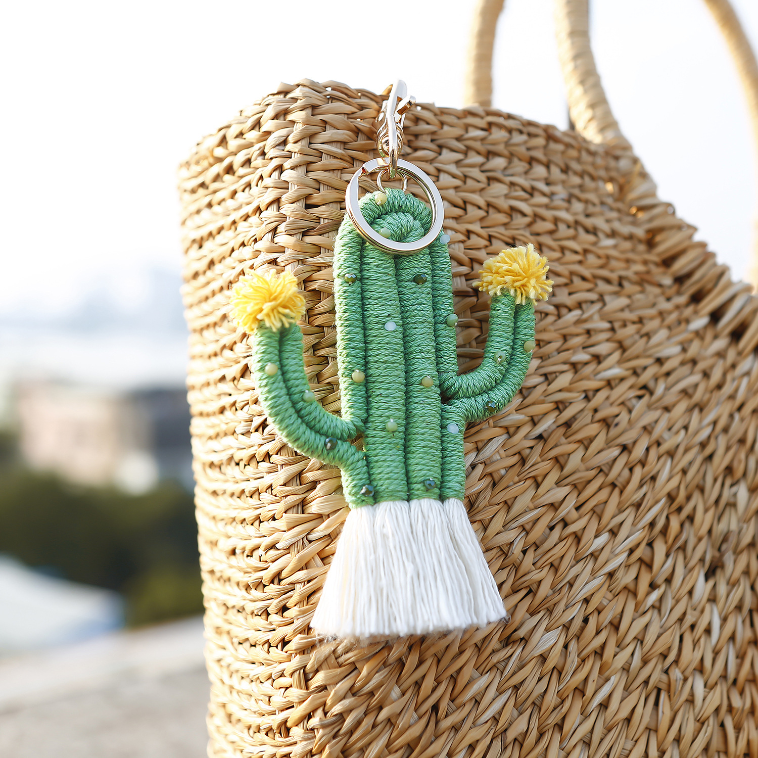 Verde planta cactus llavero bohemio arroz cuentas tejidas a mano hecho a mano de alto sentido bolsa colgante