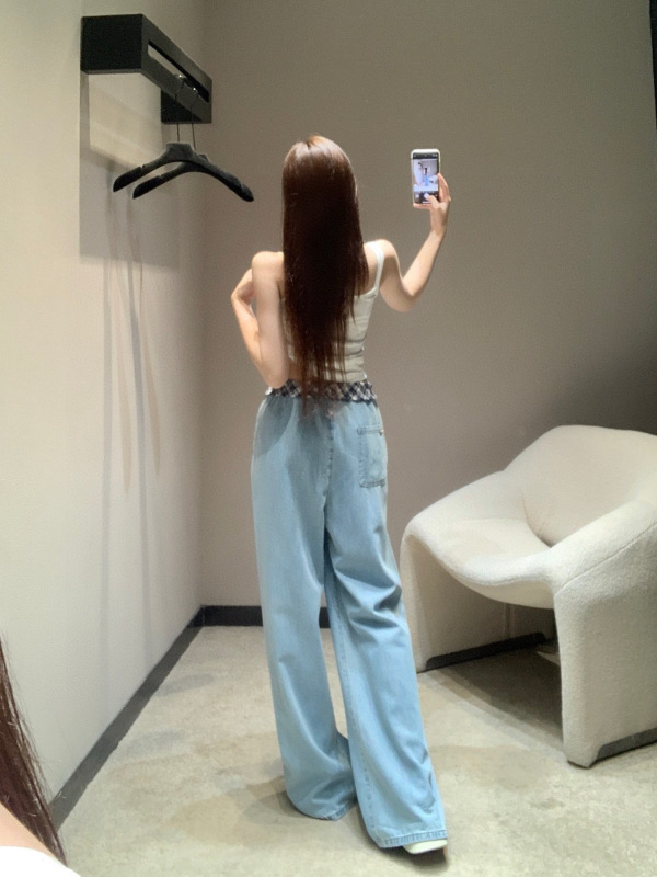 miu スプライスレースジーンズ、夏用通気性ワイドレッグパンツ、ファッショナブルでカジュアル、多用途、快適なストレートパンツ|undefined