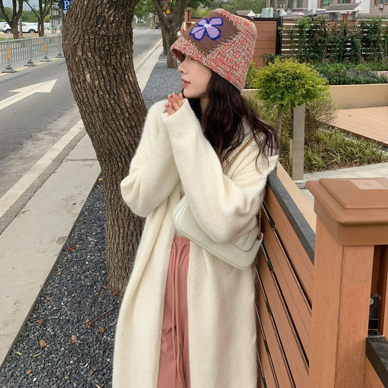 纯色中长款宽松过膝毛衣外套纯色新款慵懒温柔加厚针织开衫大衣女|undefined