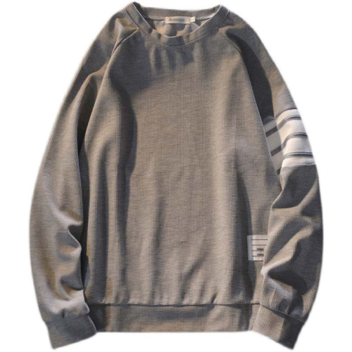 Men's gray crew neck t-shirt with waffle pattern, loose fit, suitable for spring and autumn, partner outerwear, trendy