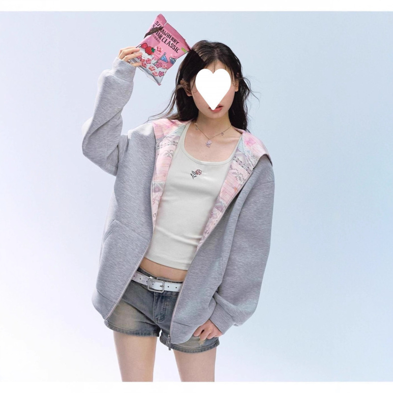 现货田曦薇同款ablueberry 灰色连帽卫衣外套女宽松甜美休闲夹克|undefined