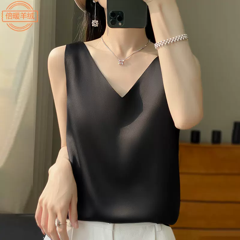 缎面仿真丝吊带背心女西装无袖内搭新款前V领后园醋酸打底衫上衣