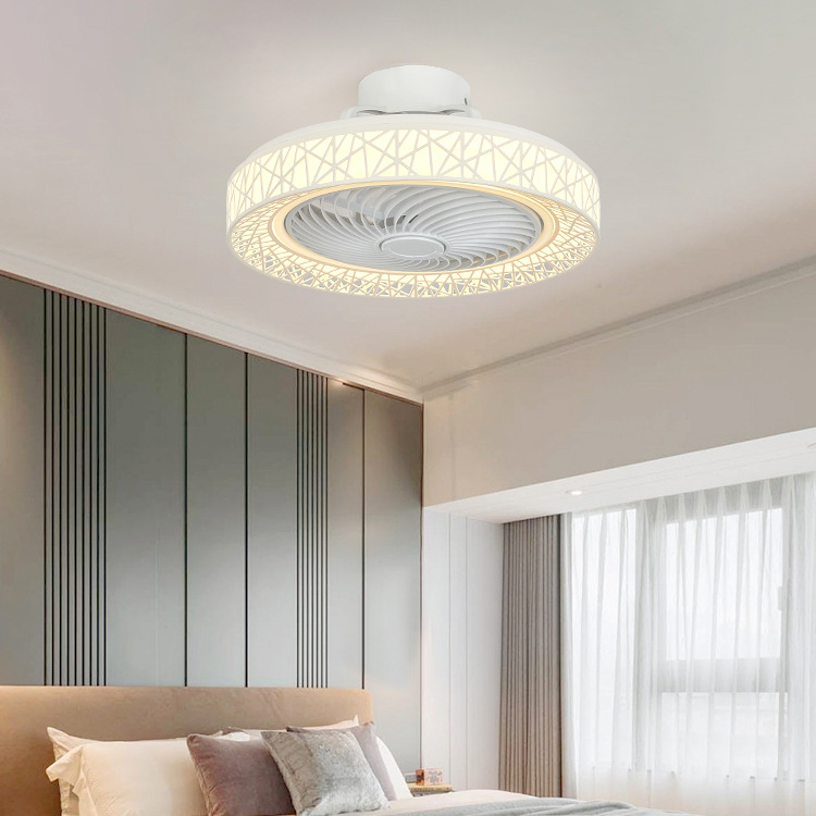 Luz de ventilador de techo inteligente nórdico patrón hueco luz de techo sala de estar dormitorio LED ventilador integrado luz transfronteriza
