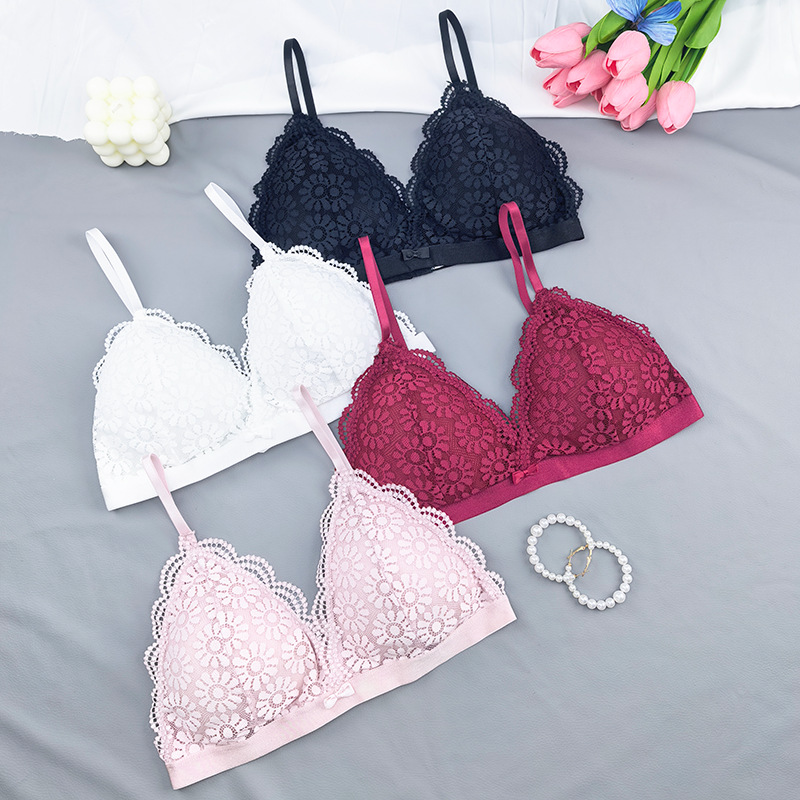 Europa y América de encaje sexy copa triangular francesa cabra hermosa ropa interior de espalda simple y ligera sin anillo de acero para estudiantes sujetadores de pecho