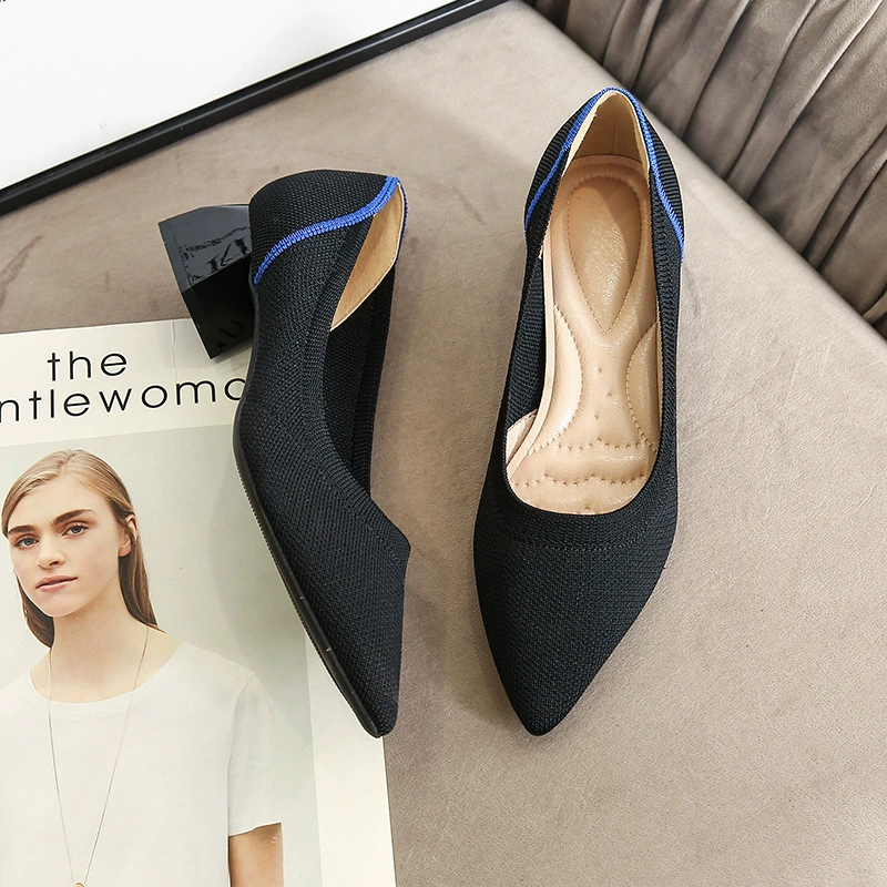 Туфли принцессы на высоком каблуке Однослойная обувь Трансграничная Внешняя торговля Леопардовый принт Летающие тканые остроконечные толстые каблуки с мелким ртом Средний каблук Тканые высокие каблуки для женщин