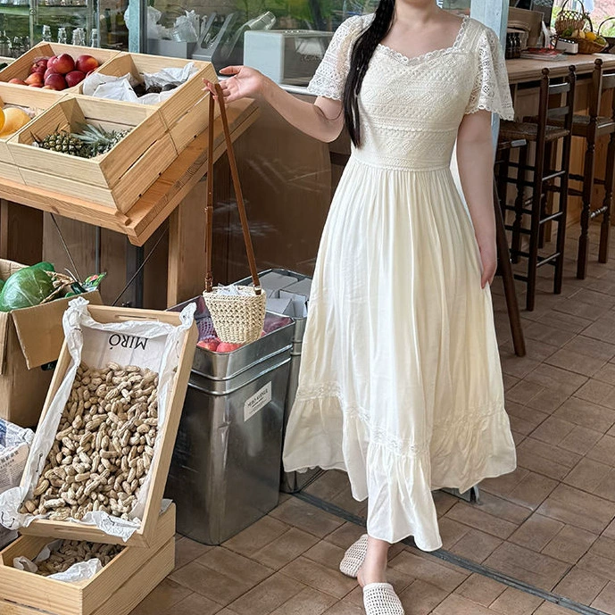 Spot 56360 французское летнее новое милое кружевное платье с вырезами и короткими рукавами в праздничном стиле большого размера