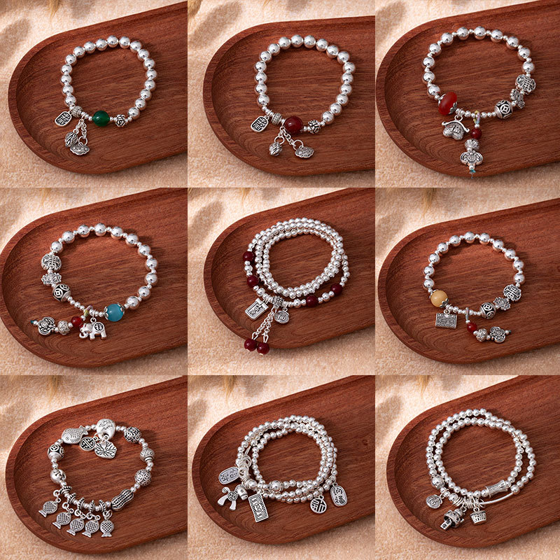 Ancient Retro Chinese Style Bracelet for Women, Peace Brand Lucky Bag, Imitation Silver Bracelet, Imitation Agate Ancient Style Jewelry