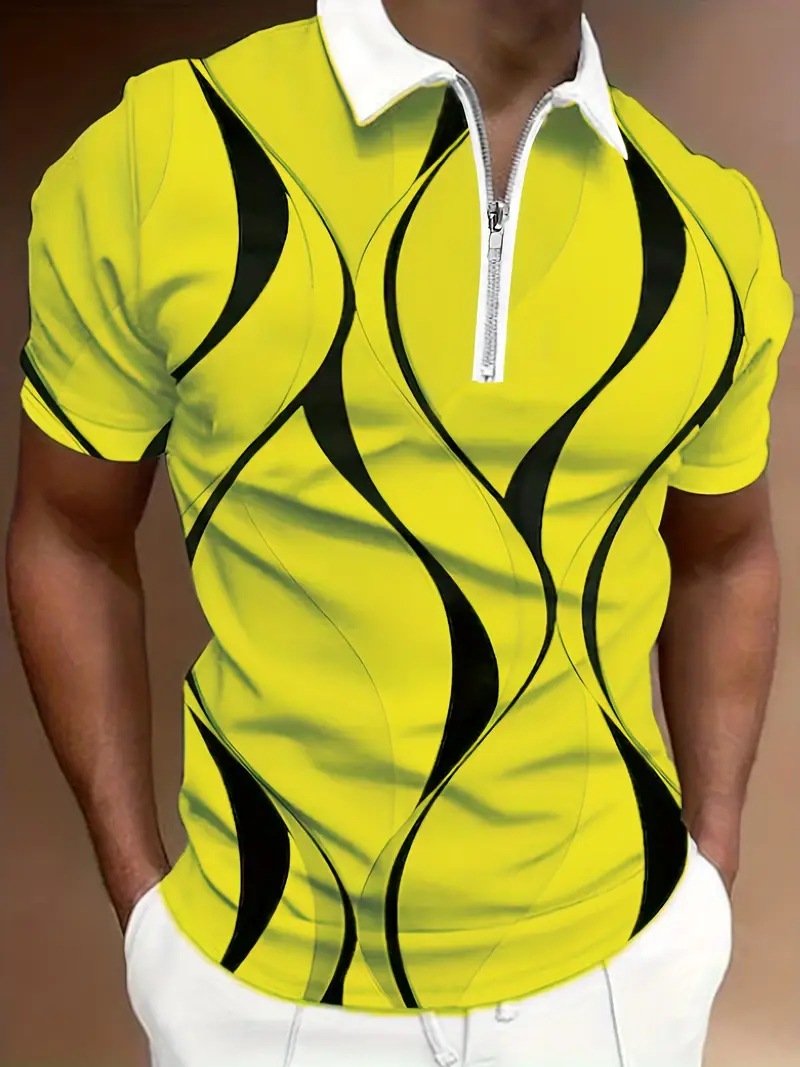 2024 venta caliente simple color de contraste corrugado impresión 3D hombres de negocios ancho de hombro ancho ancho de manga corta transpirable camisa POLO con cremallera