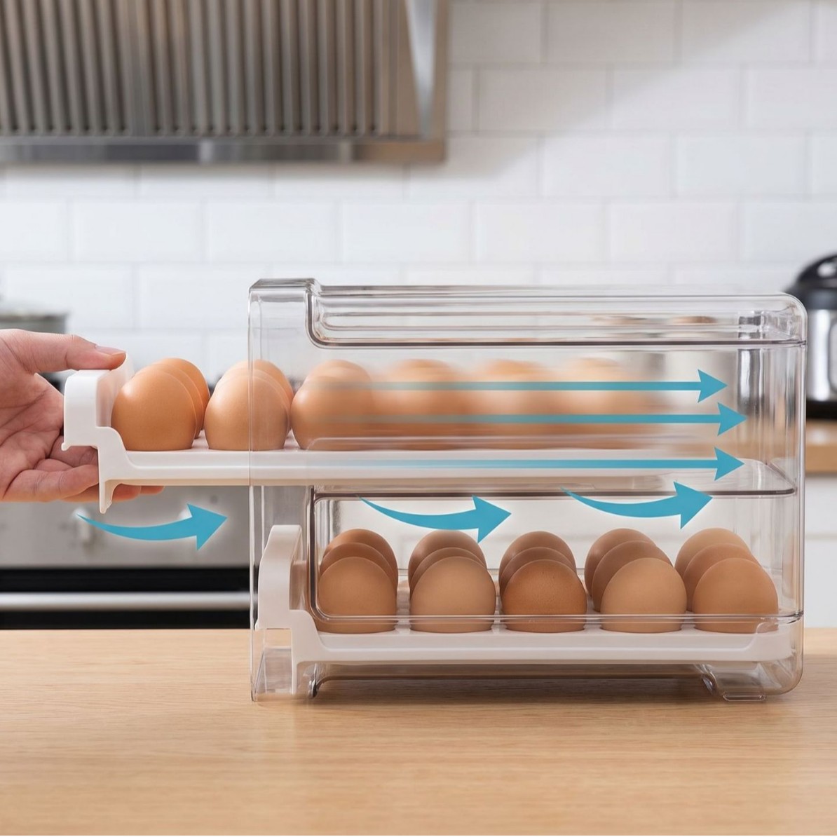 Caja de almacenamiento de huevos para refrigerador doméstico, caja de almacenamiento transparente para cocina tipo cajón, caja de huevos apilable de doble capa.