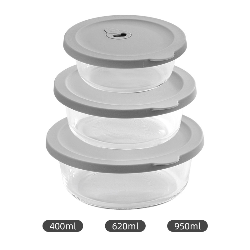 Caja de almuerzo de vidrio de borosilicato redondo trabajo horno de microondas caja de almuerzo resistente a altas temperaturas refrigerador crisper de vidrio fábrica en stock