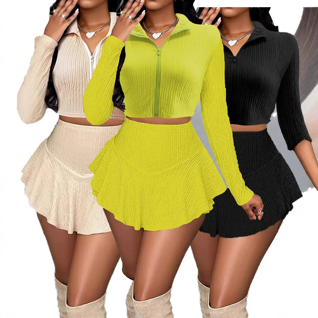 2558 Женский популярный комплект из двух предметов с высокой талией для бега, спортивный, с короткими рукавами, на молнии, с небольшим воротником-стойкой и лацканами