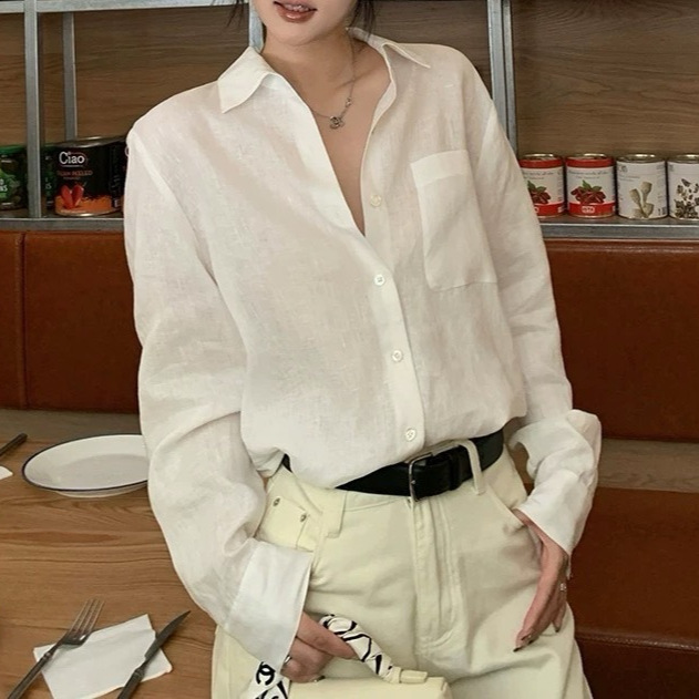 | 简麻衬衫 老钱风利落感1oo%亚麻长袖衬衫上衣女夏