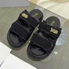 European and American Fashion Sandals 2025 Genuine Leather Metal Buckle Letters Casual Beach Thick-Soled Slippers Velcro Export Trbottomy