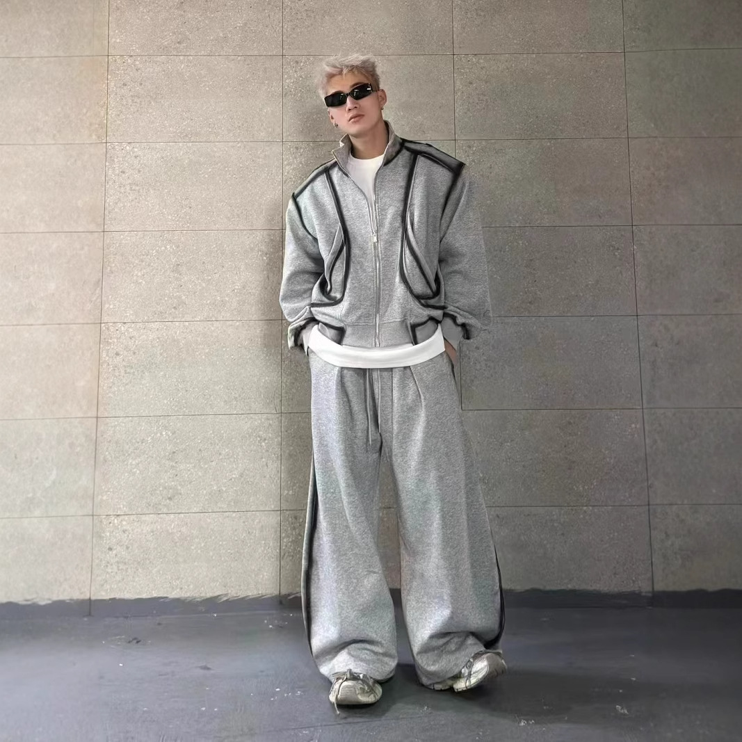 春装美式高街立领手绘描边设计感卫衣套装男垫肩休闲阔腿拖地长裤